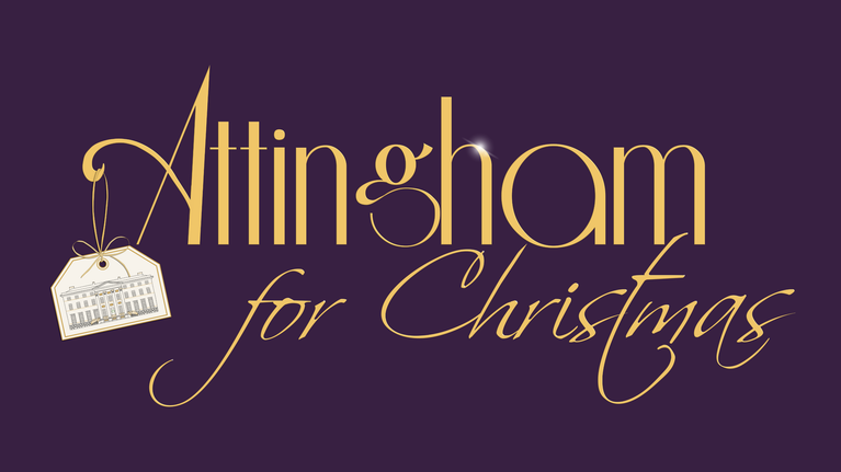 Gold lettering reading “Attingham for Christmas” on a deep purple background. A decorative gift tag featuring an illustration of Attingham Park hangs from the first letter, and a small sparkling star detail appears above the text.